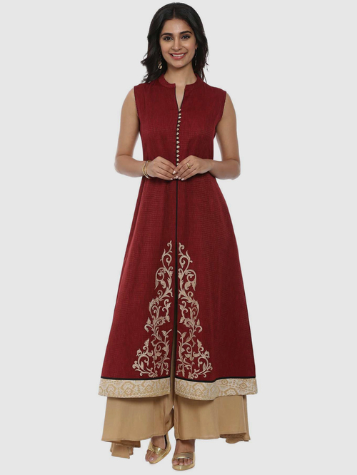 Soch Maroon & Beige Cotton Embroidered Kurta Palazzo Set Price in India