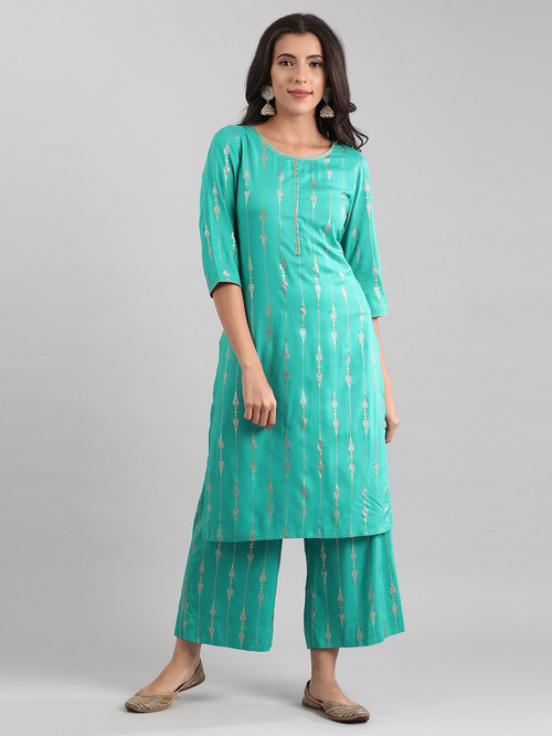 Aurelia Cyan Blue Printed Kurta Palazzo Set Price in India