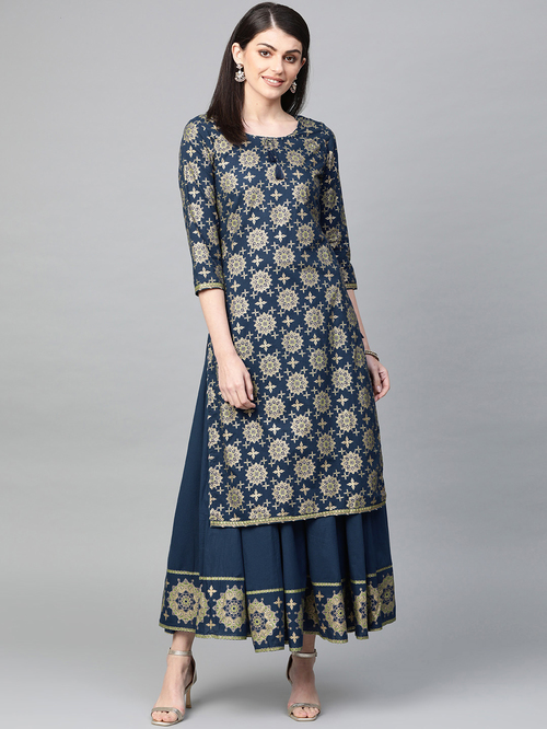 Ishin Teal Blue Cotton Printed Kurta Palazzo Set Price in India