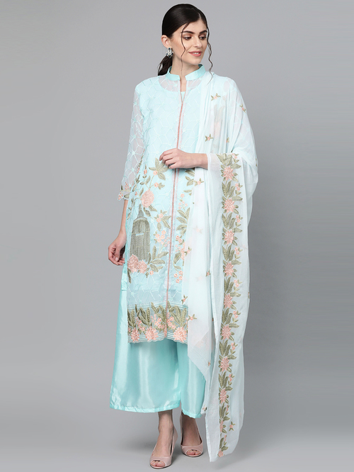 Ishin Cyan Blue Embroidered Kurta Palazzo Set With Dupatta Price in India