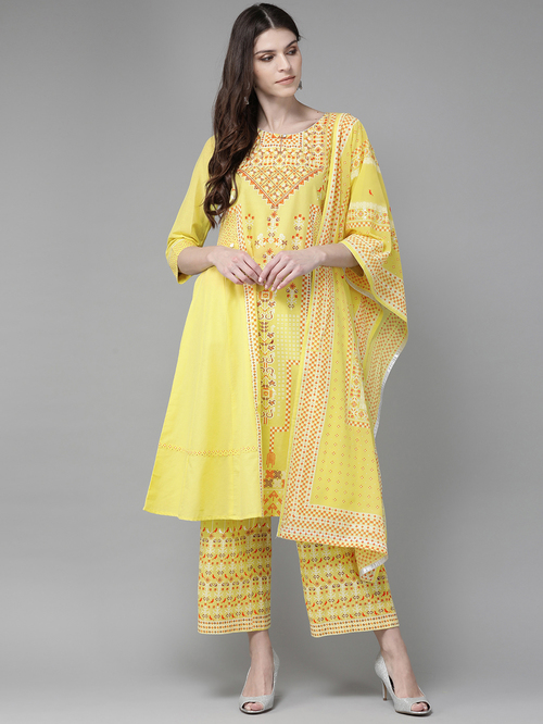 Juniper Yellow Cotton Printed Kurta Palazzo Set With Dupatta Price in India