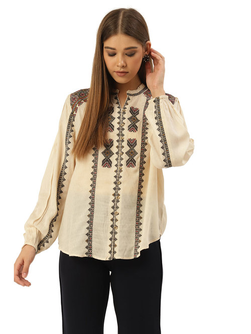 Label Ritu Kumar Beige Embroidered Shirt Price in India