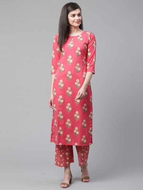 Indo Era Pink Cotton Printed Kurta Bottom Set Price in India