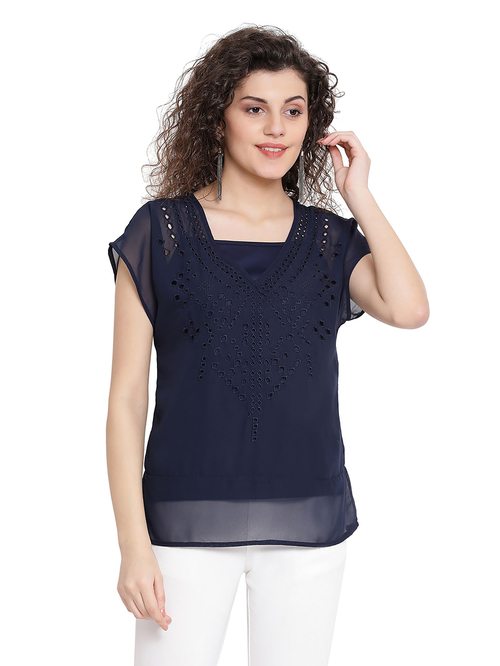 Oxolloxo Navy Embroidered Classadra Top Price in India