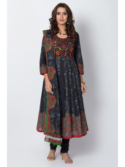 Biba Black Cotton Printed Kurta Pant Set With Dupatta Price in India