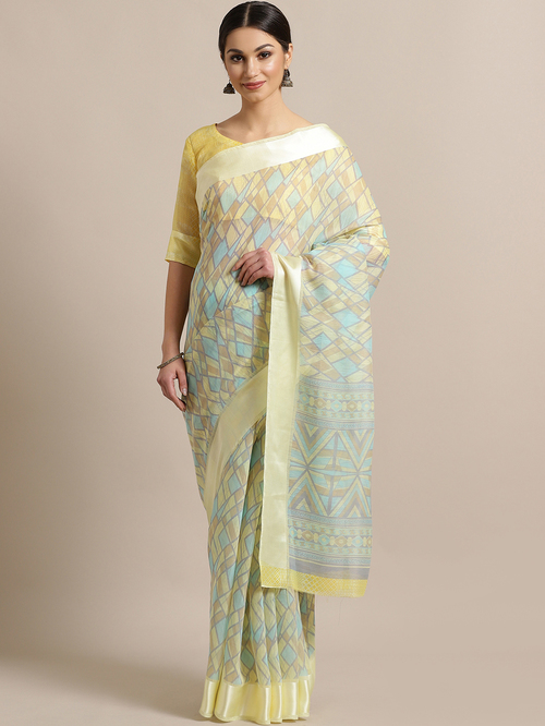 Saree Mall Yellow & Blue Printed Saree With Unstitched Blouse Price in India