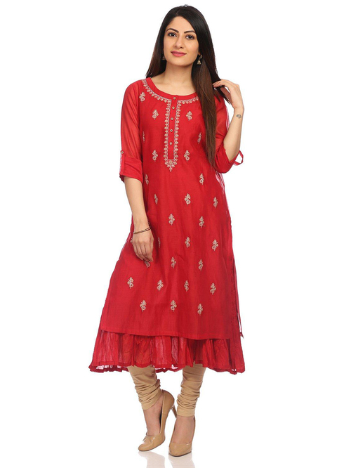 Rangriti Red Embroidered Straight Double Layer Kurta Price in India