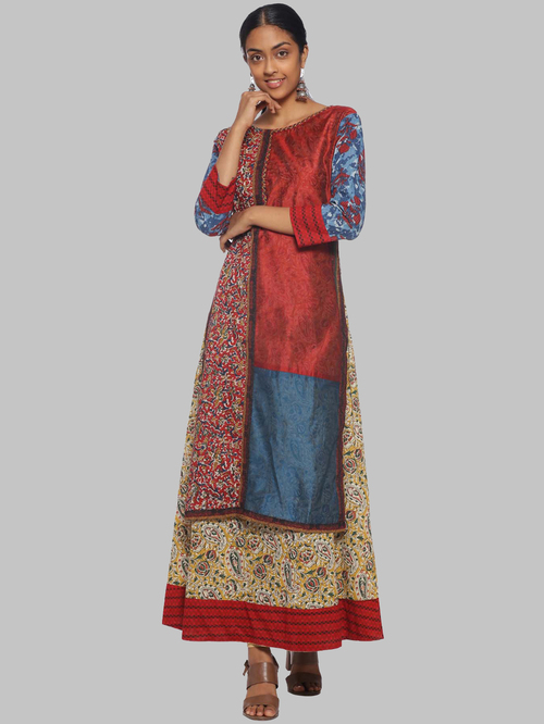 Soch Maroon Cotton Printed A Line Kurti Price in India