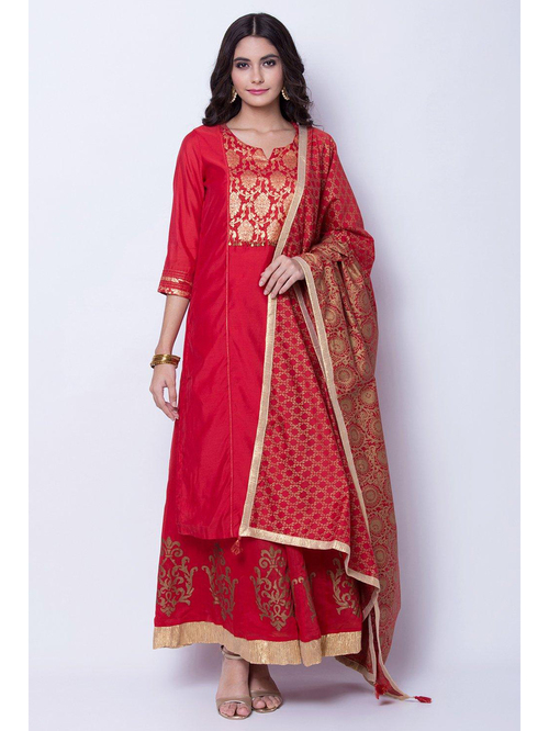 Rangriti Red Printed Kurta Skirt Set With Dupatta Price in India