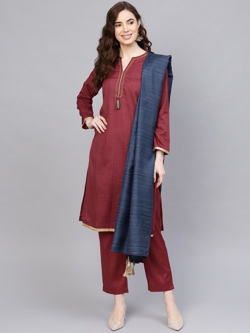 Jaipur Kurti Women Navy Blue  Grey Solid Flared Cotton Blend Kurta With  Pants