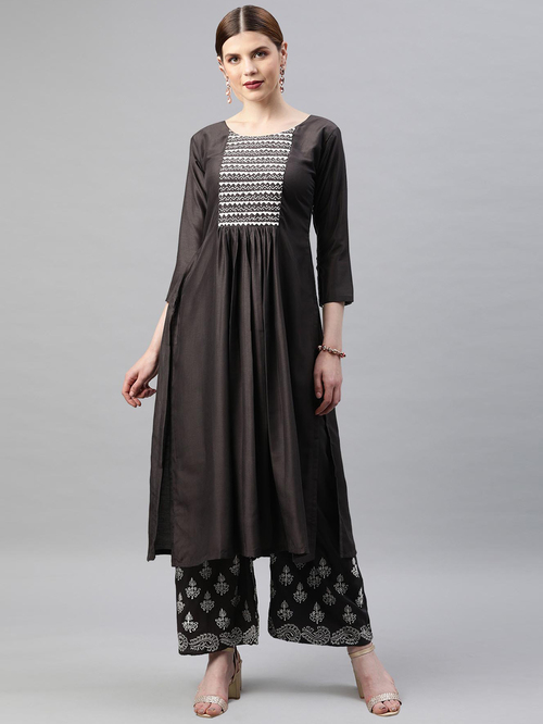 Soch Charcoal Embroidered Kurta Palazzo Set Price in India