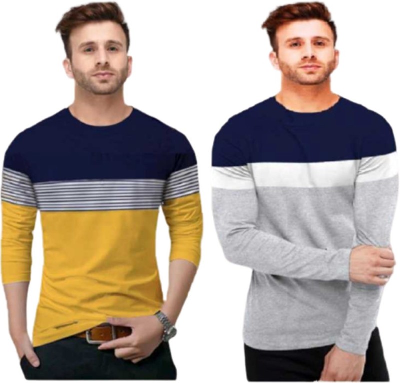 Color Block Men Round Neck White, Blue, Yellow T-Shirt Price in India