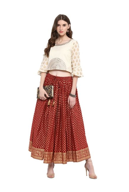 Varanga Off White & Red Printed Crop Top With Skirt Price in India