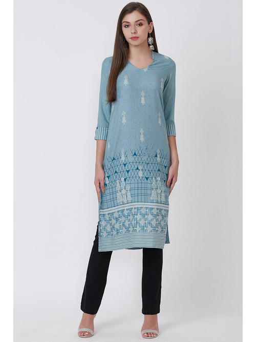 Rangriti Blue Woven Pattern Straight Kurta Price in India