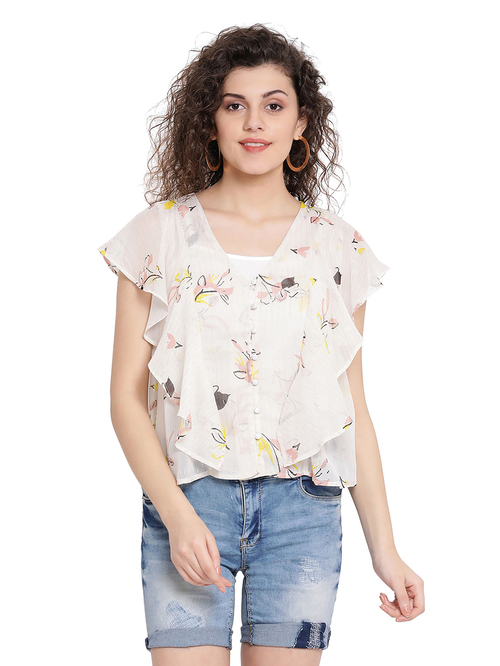 Oxolloxo Beige Floral Print Comeback Top Price in India