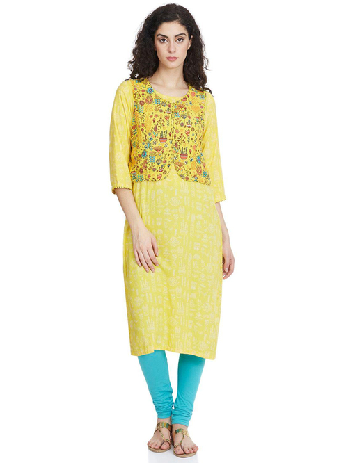 Rangriti Yellow Woven Pattern Straight Kurta Price in India