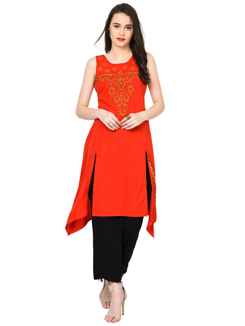 Rangriti Orange Embroidered A Line Kurti Price in India