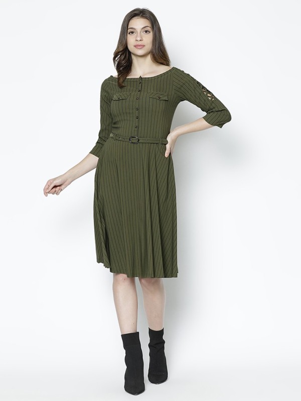 Women Fit and Flare Green Dress Price in India