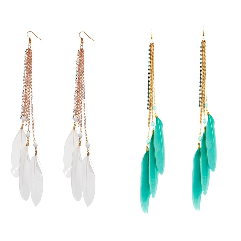 Aaishwarya White & Green Feather Tassel Metal Dangle & Drop Earring Combo For Women & Girls (Pack For 2) Price in India