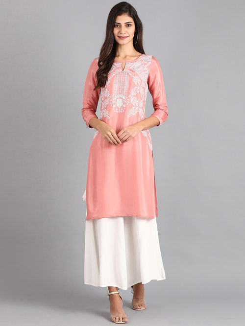 W Peach Printed Straight Kurta Price in India