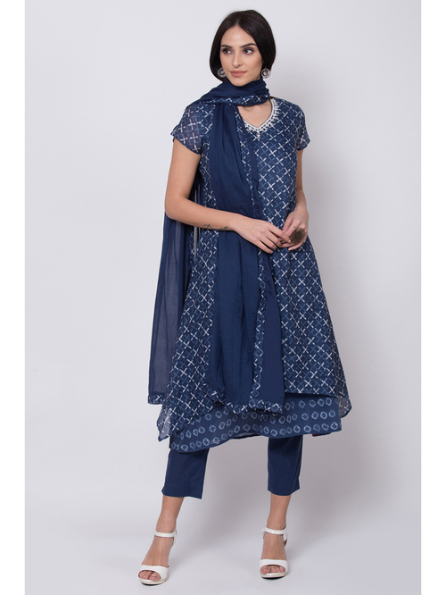 Biba Blue Printed Kurta Pant Set With Dupatta Price in India