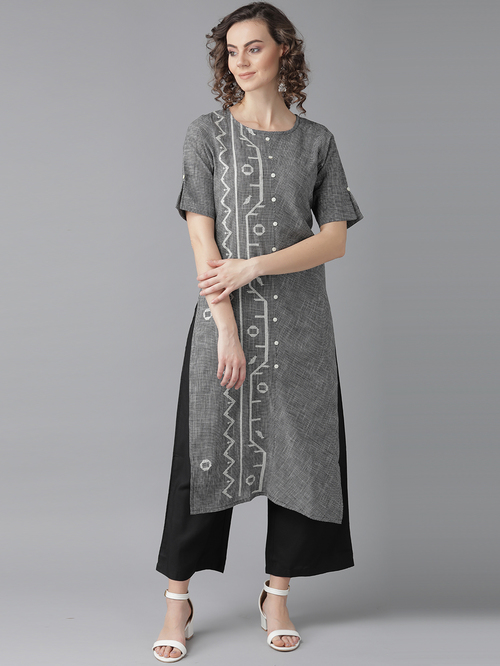 Indo Era Black Cotton Embroidered Kurta Palazzo Set Price in India