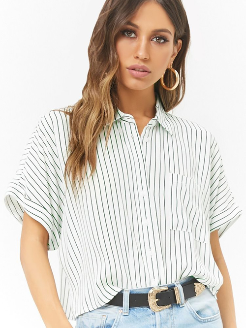 Forever 21 Cream & Hunter Green Striped Shirt Price in India