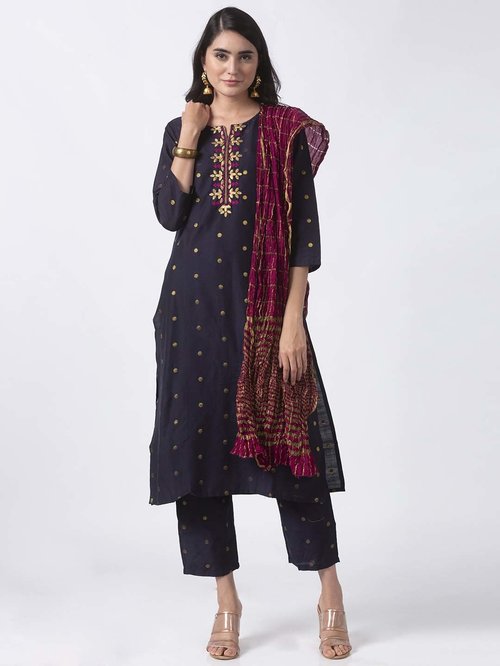 Ethnicity Navy Cotton Embroidered Kurti Pant Set With Dupatta Price in India