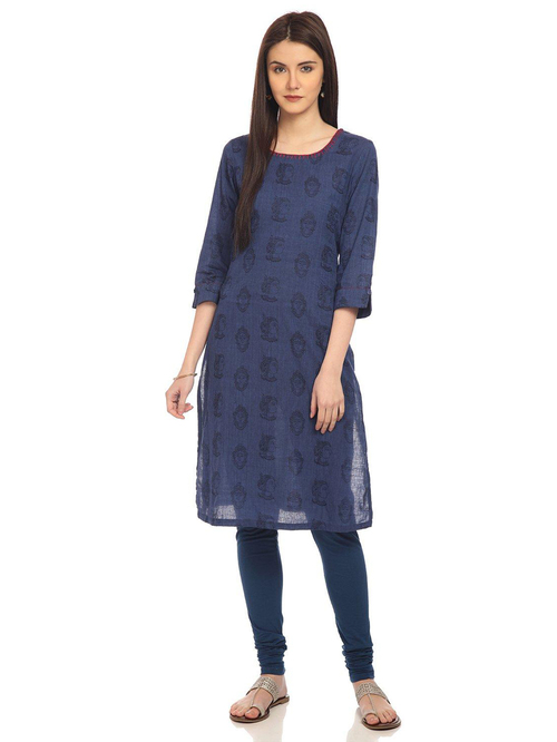 Rangriti Navy Cotton Woven Pattern A Line Kurta Price in India