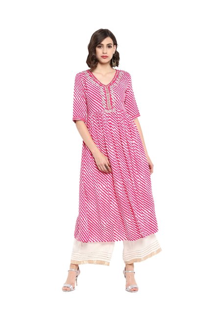 Varanga Pink & White Viscose Rayon Kurta With Palazzo Price in India