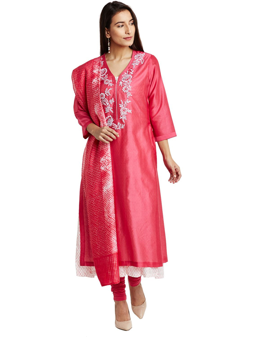 Biba Pink Cotton Embroidered Kurta Pant Set With Dupatta Price in India