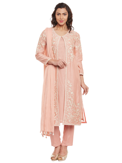 Biba Peach Cotton Embroidered Kurta Pant Set With Dupatta Price in India