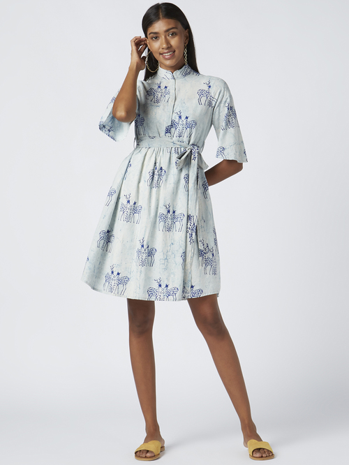 Okhai Moonlit Safari Sky Blue Pure Cotton Embellished A-Line Dress Price in India