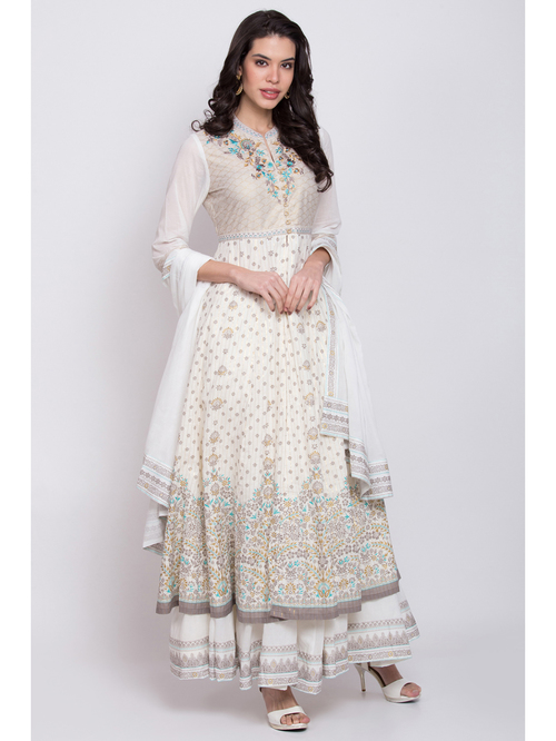 Biba White Printed Kurta Palazzo Set With Dupatta Price in India