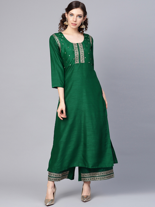 Varanga Green Embroidered Kurti Palazzo Set Price in India