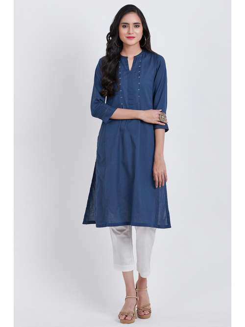 Biba Blue Cotton Straight Kurta Price in India
