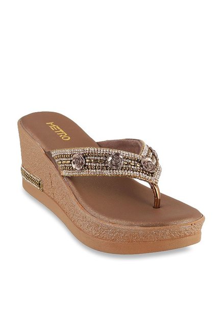 Metro Antique Gold Thong Wedges Price in India