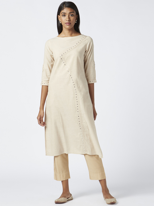 Okhai Ayura Beige Pure Cotton Embroidered Straight Kurta Price in India