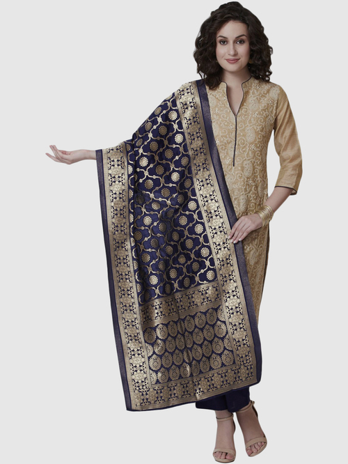 Biba Beige & Navy Embroidered Kurta Pant Set With Dupatta Price in India