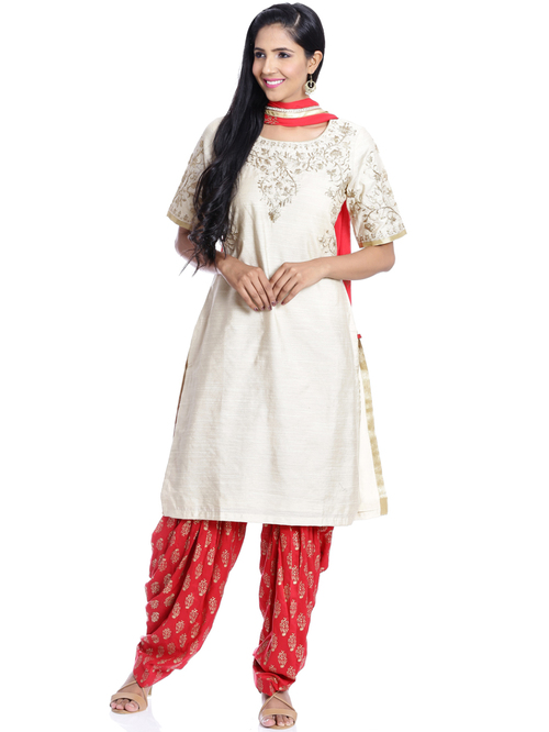 Biba White & Maroon Cotton Printed Kurta Salwar Set With Dupatta Price in India