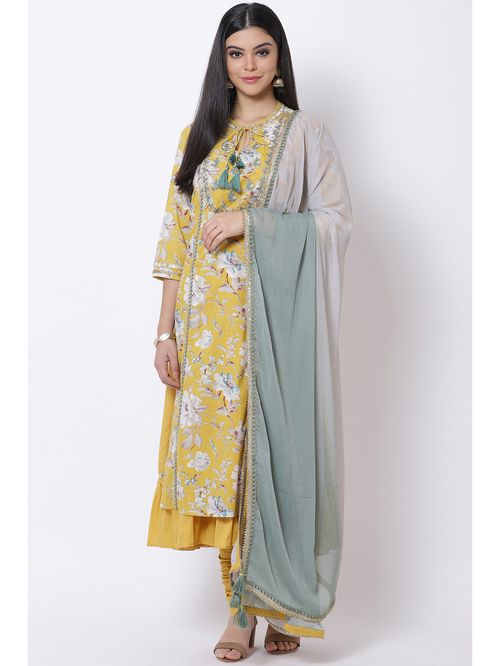 Biba Yellow Cotton Printed Kurta Pant Set With Dupatta Price in India