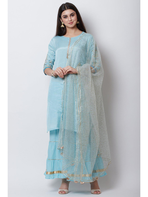 Rangriti Sky Blue Cotton Kurta Skirt Set With Dupatta Price in India