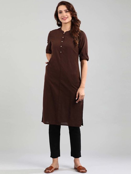 Aurelia Brown Cotton Straight Kurta Price in India