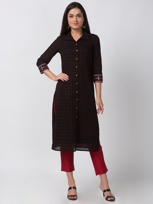 Ethnicity Black Cotton Embroidered Straight Kurta Price in India