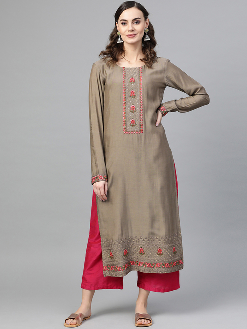 Inddus Grey Cotton Embroidered Straight Kurta Price in India