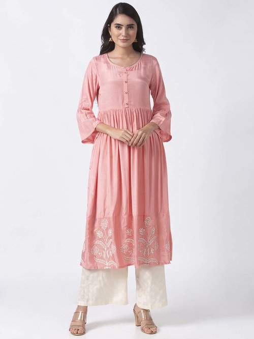 Ethnicity Pink & White Printed Kurti Palazzo Set Price in India