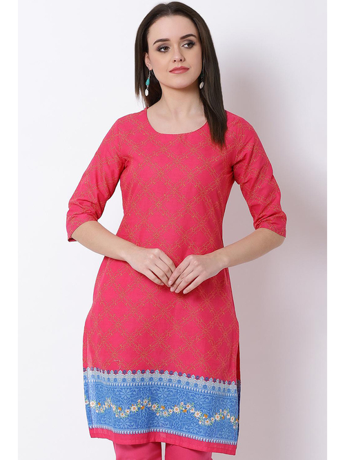 Rangriti Pink Cotton Printed Straight Kurta Price in India