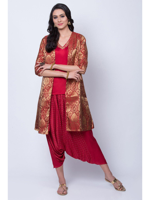 Rangriti Red Printed Top Dhoti Set With Shrug Price in India