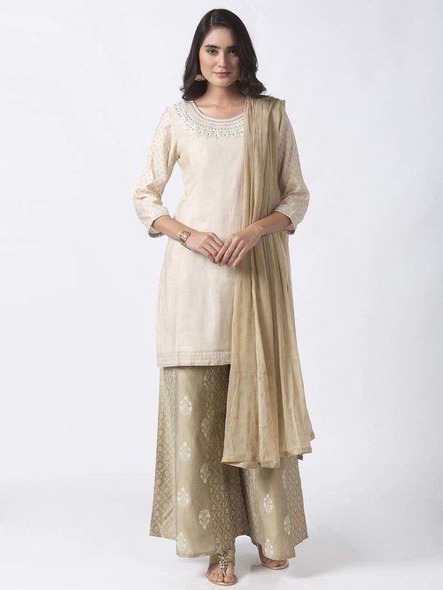 Ethnicity Cream Cotton Kurti Palazzo Set With Dupatta Price in India