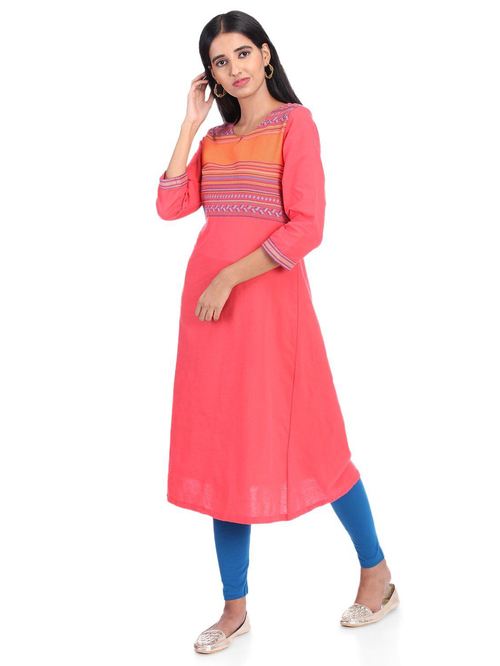 Rangriti Coral Cotton Woven Pattern A Line Kurta Price in India